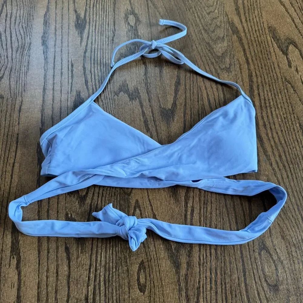 Aerie Women’s Baby Blue Cross Wrap Front Scoop Bikini Swim Suit Top Size Medium